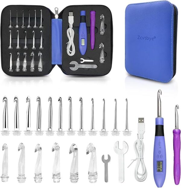 Transplant Juego de agujas de ganchillo 18 en 1 con contador y luz LED, viene con llave grande/pequeña, mango de ganchillo de repuesto y bolsa de almacenamiento, para ganchillo y tejer