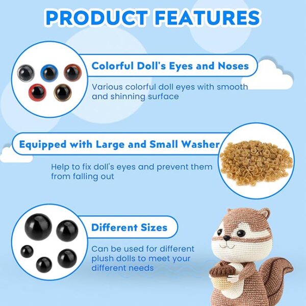 Nicklin Ojos de Seguridad para Animales de Ganchillo,773 Unidades de Ojos Botón Plástico para Animales Ganchillo,Juego 5 – 12 mm Coloridos Ojos de Muñeca y Nariz para Muñecas DIY,Osos de Peluche - Imagen 3
