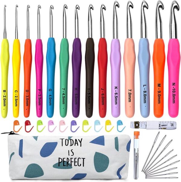 Agujas de Ganchillo, 14 PCS Agujas de Ganchillos Kit de Ganchillos Accesorios con Bolsa Kit Conjunto de Ganchillo, manijas ergonómicas de agarre suave