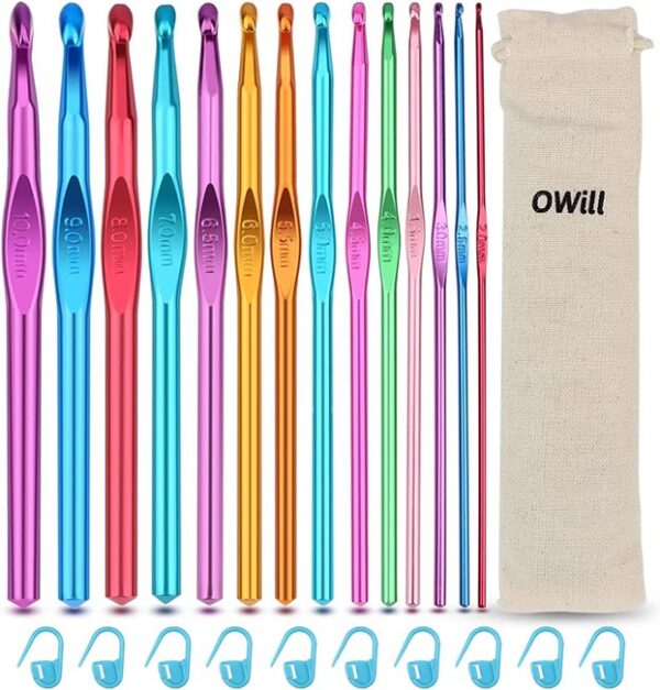 OWill 24 PCS Agujas de Ganchillos Kit, Contiene 14 tamaños de ganchillos de aluminio de colores y 10 marcadores,Conjuntos ergonómicos de ganchillo para Principiantes y Adultos