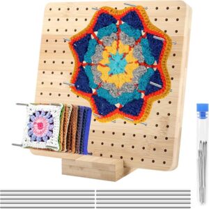 NVIYAM Tablero de bloqueo para Granny Square,19,5×19,5cm,tablas de bloqueo de madera con 10pasadores de acero inoxidable y 5agujas, tablero de madera para sujetar piezas pequeñas de punto o ganchillo